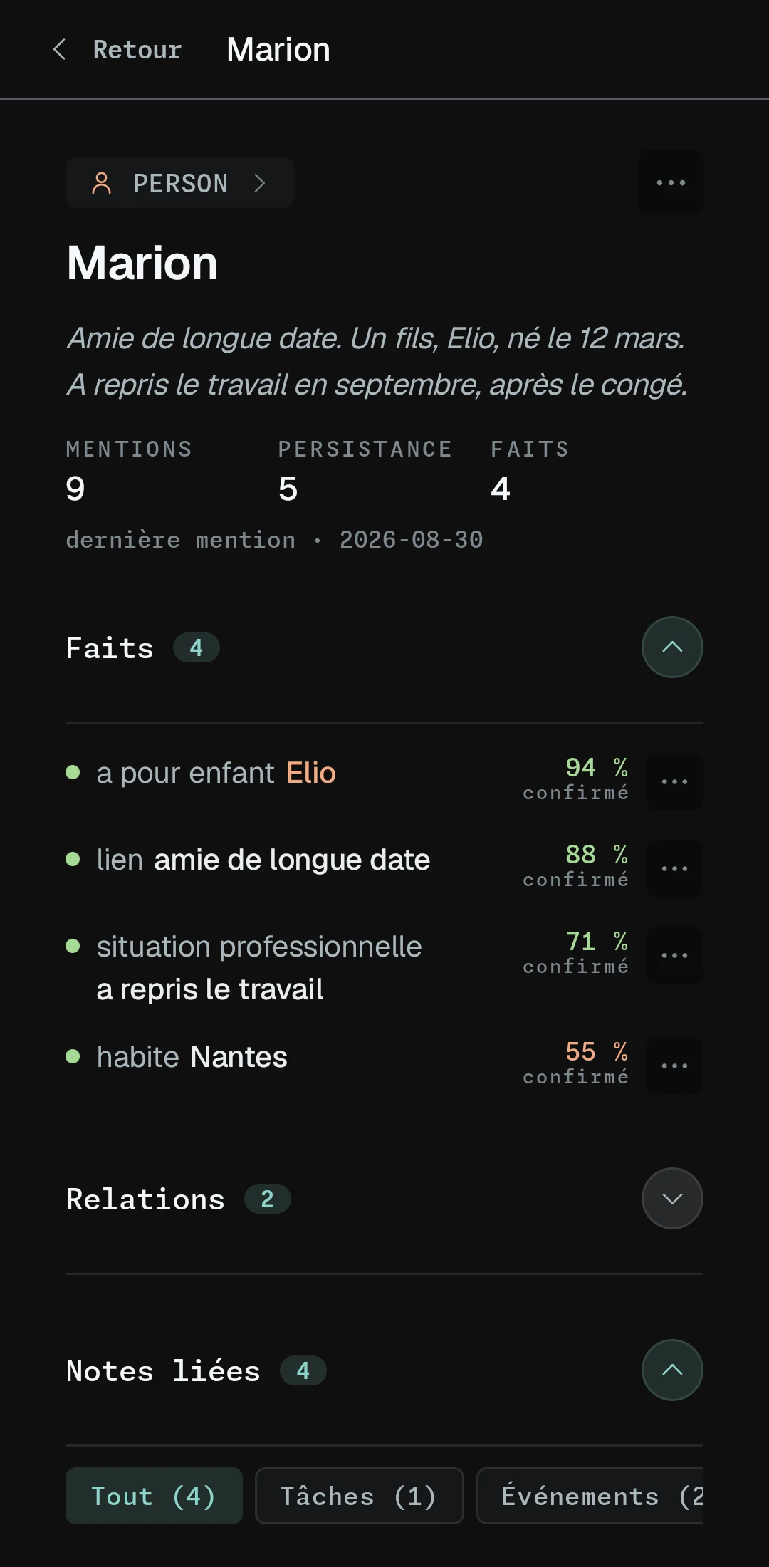 La fiche de Marion dans sinam&nbsp;: son résumé, ses quatre faits avec leur confiance, ses relations et ses notes liées.