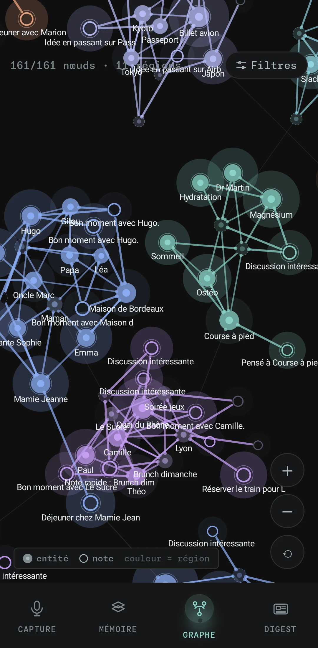 L'onglet Graphe de sinam : la carte de la mémoire, ses régions colorées et ses nœuds pâlis.